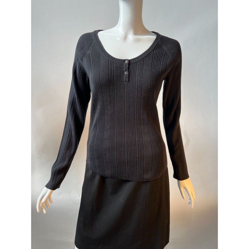 Tommy Hilfiger Womens Black Ribbed Long Sleeve Henley Sweater M 100% Cotton
